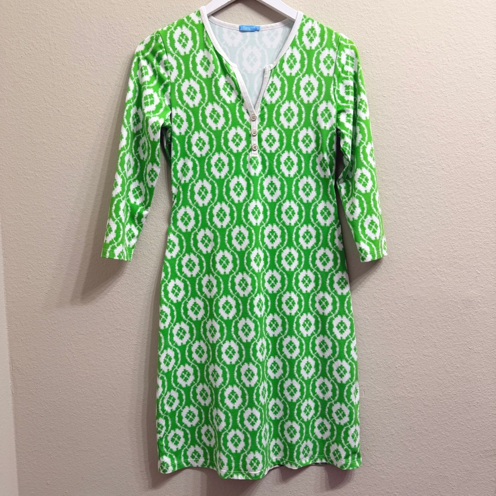 J.McLaughlin Henley Neck Sheath Dress Women's Large Catalina Cloth Ikat Print